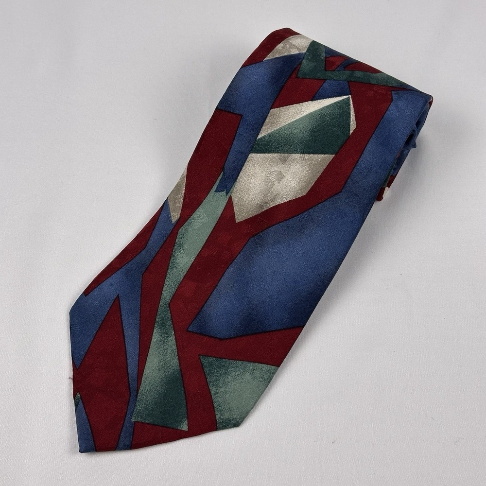 Pierre Cardin Silk Tie Vintage Blue Maroon Abstract Made In USA 4" W 57" L